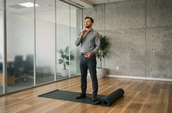 Professionnel pratiquant la pleine conscience dans un espace bien-être dédié en entreprise