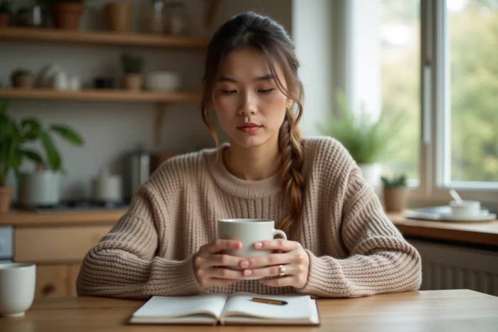 Femme pensive tenant une tasse de céramique à une table en bois, un carnet ouvert devant elle, en train de réfléchir à ses besoins profonds