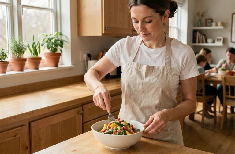 Femme préparant des bols de légumes colorés et quinoa dans une cuisine familiale chaleureuse
