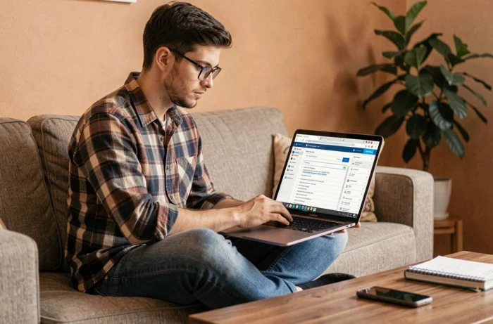 Jeune homme recherchant des solutions à un problème logiciel sur son ordinateur portable dans un salon