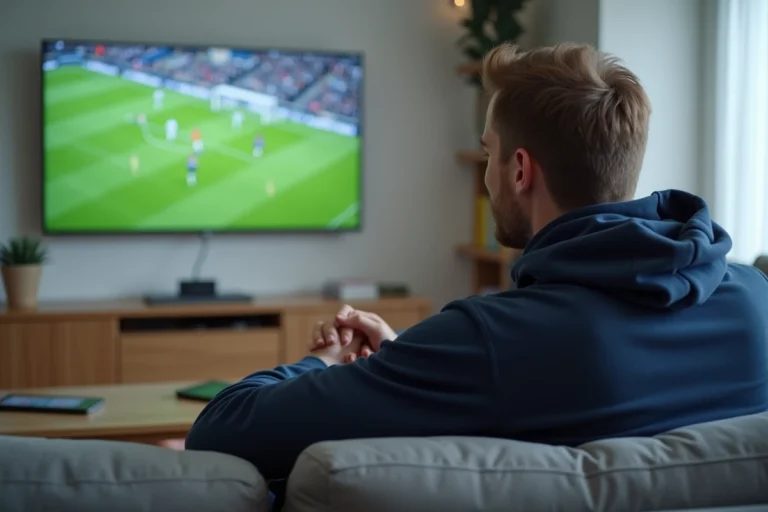 Homme regardant RMC Sport 1 en direct sur sa télévision dans son salon