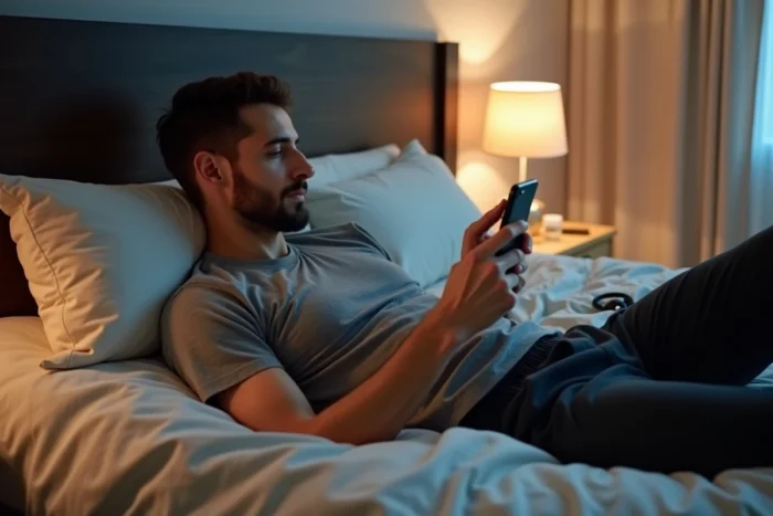 Jeune homme regardant RMC Sport 1 en direct sur son smartphone dans sa chambre