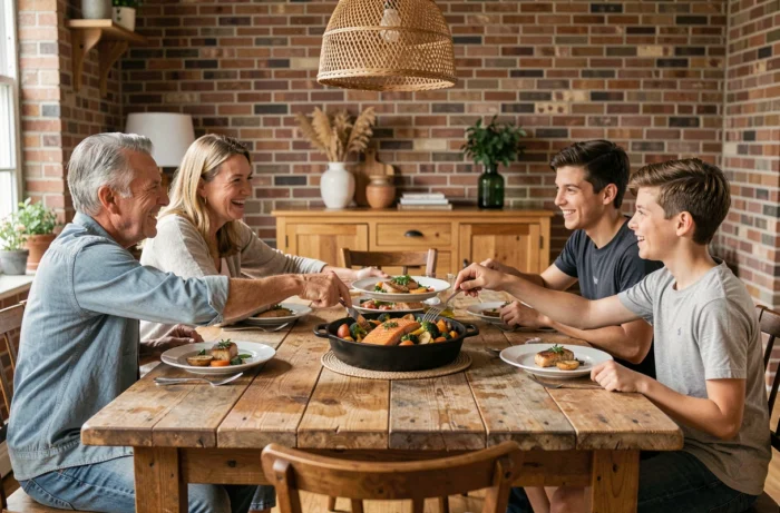 Famille réunie autour d'un repas équilibré à base de saumon et légumes rôtis sur une table en bois rustique