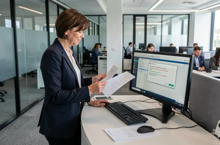 Femme consultant une documentation pour résoudre un problème logiciel dans un bureau professionnel moderne