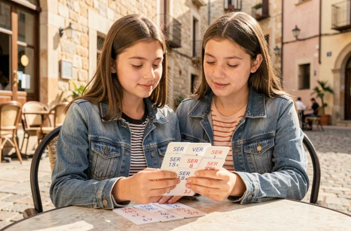 Adolescente révisant les flashcards de conjugaison du verbe ser en espagnol à la terrasse d'un café dans une ville espagnole
