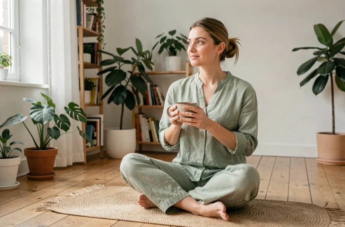 Femme pratiquant une routine bien-être matinale avec une tisane dans un intérieur scandinave lumineux
