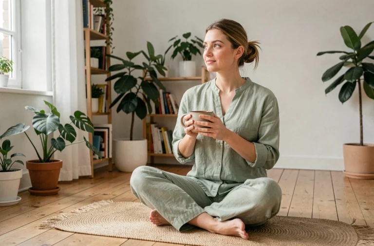 Femme pratiquant une routine bien-être matinale avec une tisane dans un intérieur scandinave lumineux