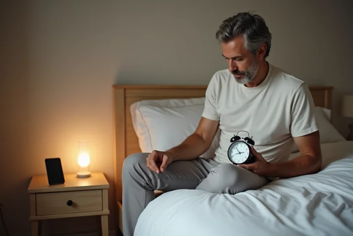 Homme posant un réveil analogique sur sa table de nuit dans une chambre soignée et épurée dans le cadre d'une routine de sommeil stable