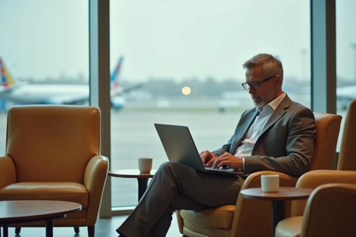 Homme d'affaires travaillant dans un salon Air France avec vue sur le tarmac de l'aéroport
