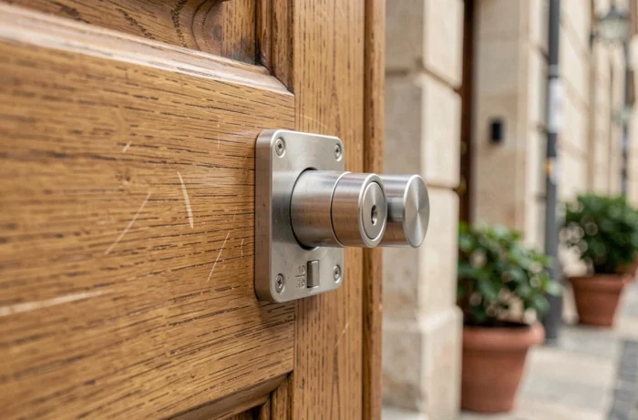 Serrure haute sécurité avec cylindre renforcé et plaque anti-perçage sur une porte en chêne massif