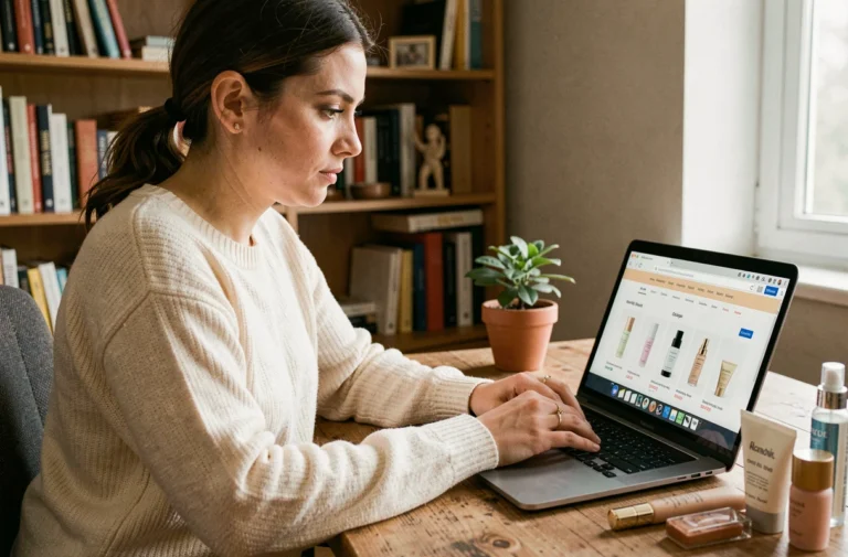 Femme faisant du shopping beauté en ligne sur son ordinateur portable depuis son bureau à domicile