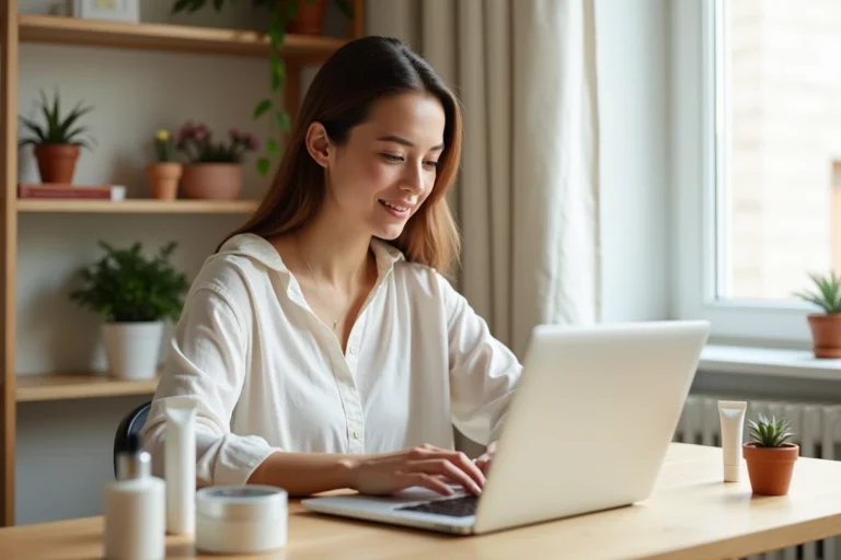 Femme en train de faire du shopping beauté en ligne sur son ordinateur portable, entourée de produits cosmétiques sur un bureau en bois