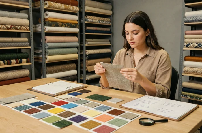 Styliste sourçant des tissus en comparant des échantillons physiques sur une table en atelier plutôt que sur catalogue