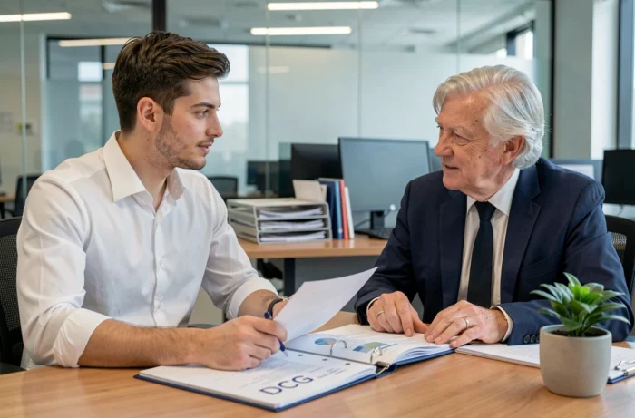 Stagiaire en expertise comptable en session de mentorat avec un expert-comptable senior dans un bureau professionnel
