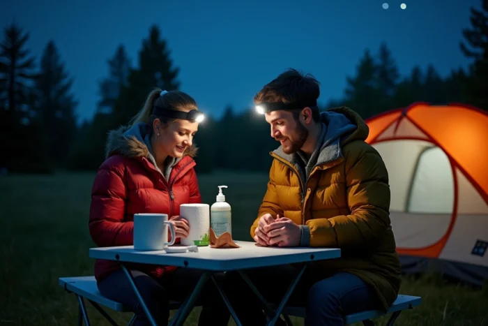 Couple de campeurs organisant une station d'hygiène nocturne avec les accessoires essentiels pour gérer les besoins nocturnes en camping