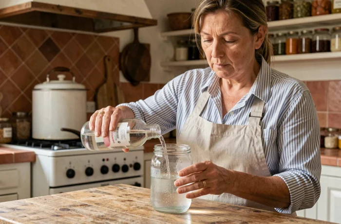 Femme utilisant de l'alcool 90 Leclerc pour stériliser des bocaux maison dans une cuisine rustique française