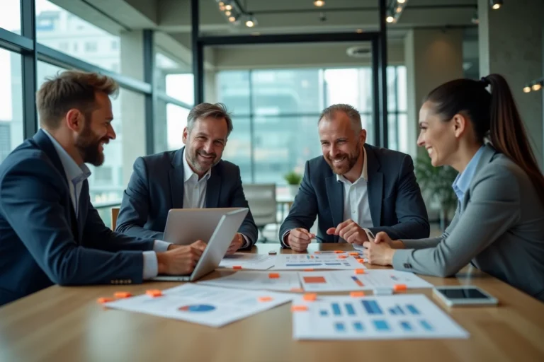 Équipe de professionnels en réunion de stratégie de communication en entreprise autour d'une table de conférence moderne
