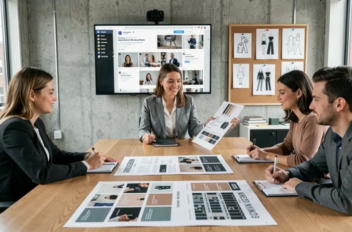 Fondatrice de marque mode présentant sa stratégie marketing à une équipe avant la mise en vente de sa collection