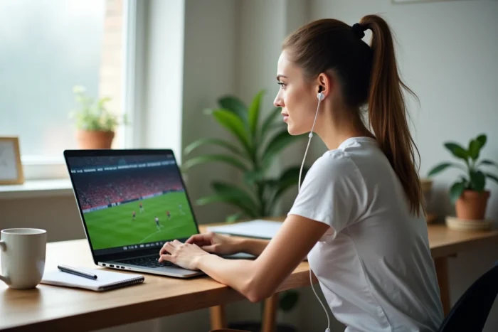 Femme regardant un match en streaming sur son ordinateur portable à son bureau