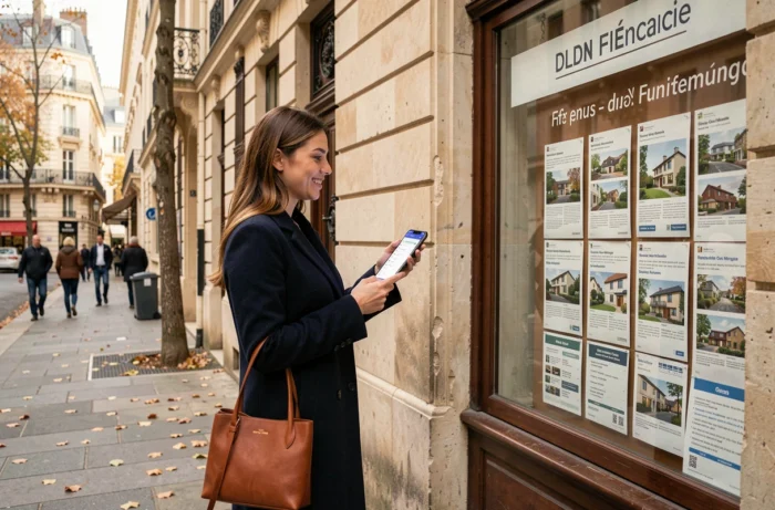 Jeune femme consultant les taux immobiliers Casden sur smartphone devant une agence immobilière à Paris