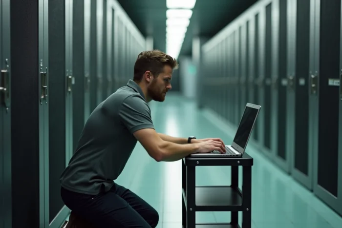 Technicien informatique résolvant un problème de messagerie dans une salle serveur d'hôpital AP-HP