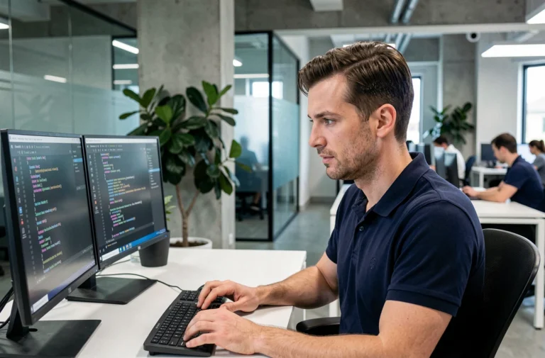 Technicien informatique Geekosys analysant du code sur deux écrans dans un bureau moderne