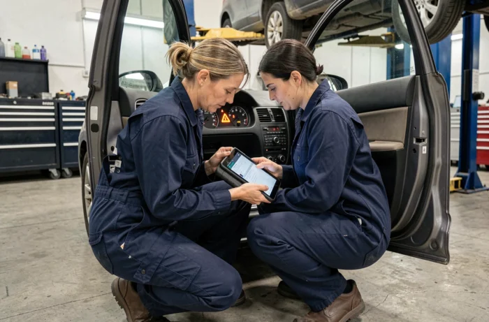 Technicienne automobile diagnostiquant un voyant triangle d'avertissement dans un garage professionnel