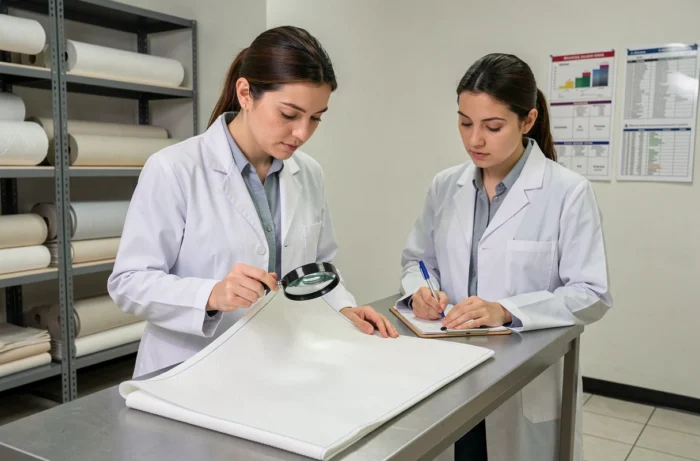 Techniciennes analysant la qualité du textile Sécuridrap dans un laboratoire de contrôle