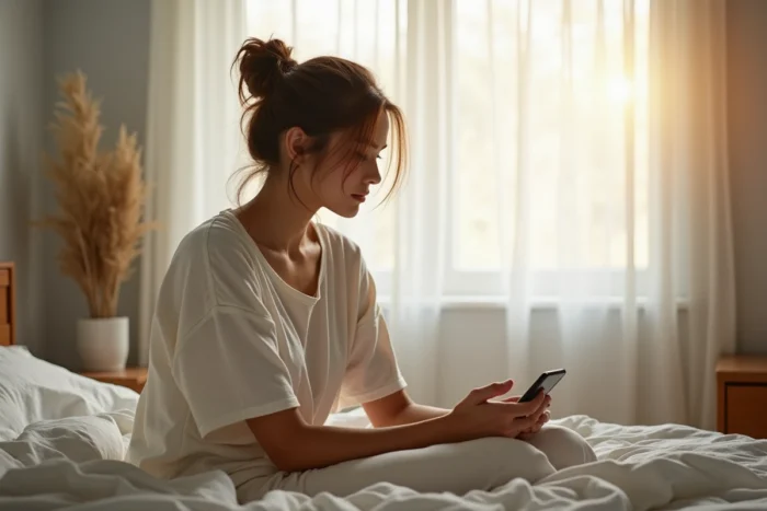 Femme au réveil assise sur son lit regardant par la fenêtre avec son téléphone posé face contre le bureau, reportant sa consultation matinale