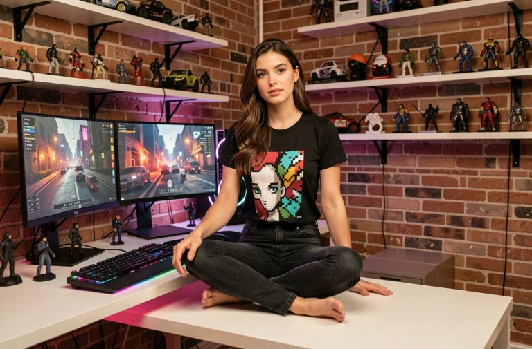 Jeune femme geek dans un bureau high-tech moderne avec claviers mécaniques, figurines et double écran gaming