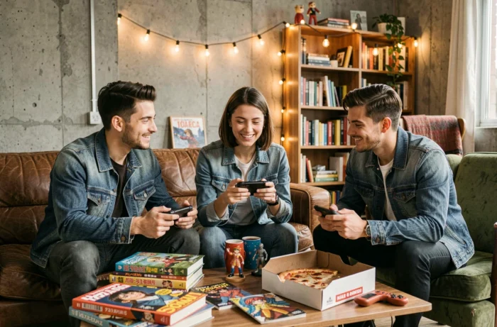 Groupe d'amis geeks réunis autour de jeux vidéo portables, mangas et collectibles dans un appartement urbain