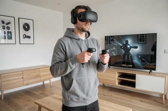 Homme testant un casque de réalité virtuelle haut de gamme dans un salon moderne et épuré
