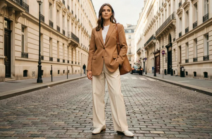 Femme élégante portant un blazer camel oversize et un pantalon large dans une rue pavée de Paris, tendances mode automne