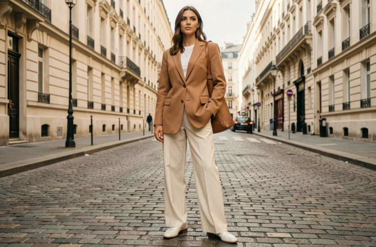 Femme élégante portant un blazer camel oversize et un pantalon large dans une rue pavée de Paris, tendances mode automne