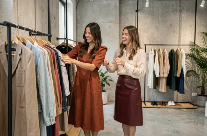 Deux femmes découvrant des vêtements tendance dans une boutique concept minimaliste, robes et jupes mode automne aux textures raffinées