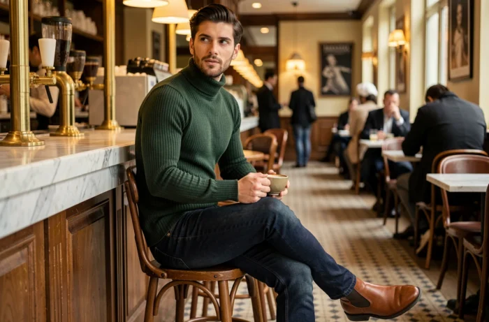 Homme stylé en pull col roulé vert forêt et jeans indigo assis dans un café parisien chic, look tendance mode masculine automne-hiver