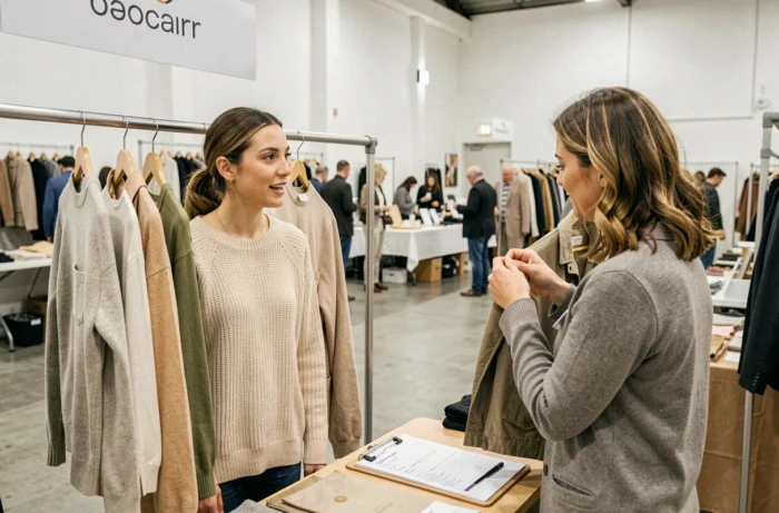 Styliste testant le marché avec des pré-commandes lors d'un pop-up avant de lancer la production en série de sa collection
