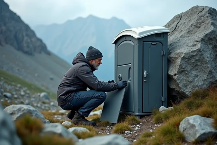 Homme installant des toilettes de camping portatives derrière un rocher en montagne pour gérer ses besoins nocturnes en randonnée