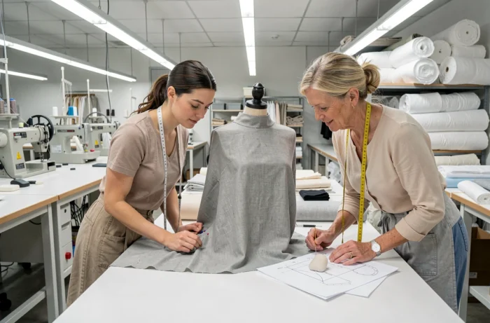 Styliste travaillant avec une modéliste sur le premier prototype en toile d'une nouvelle pièce de la collection