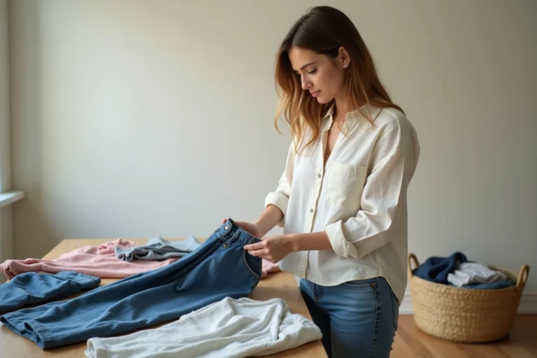 Femme triant des vêtements d'occasion sur une table en bois avant de les vendre dans une friperie