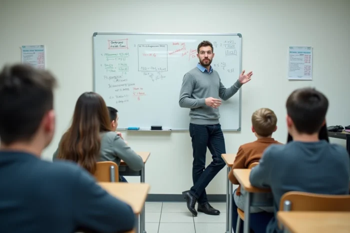 Tuteur masculin animant une session de mathématiques dans un centre de cours particuliers