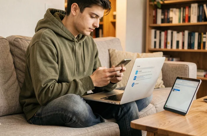 Jeune personne suivant un tutoriel de configuration du webmail ac-lyon sur Outlook depuis son canapé