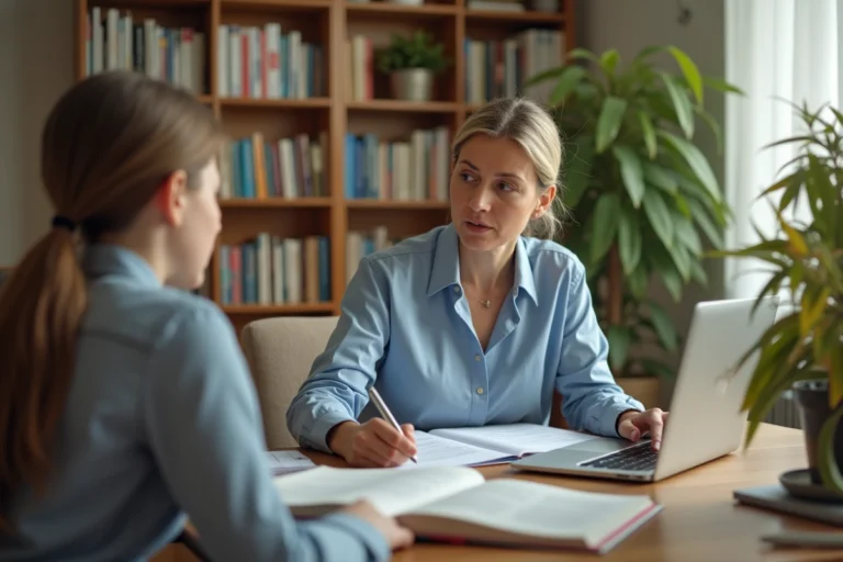 Tutrice expliquant une leçon à un élève adolescent dans un bureau à domicile bien organisé