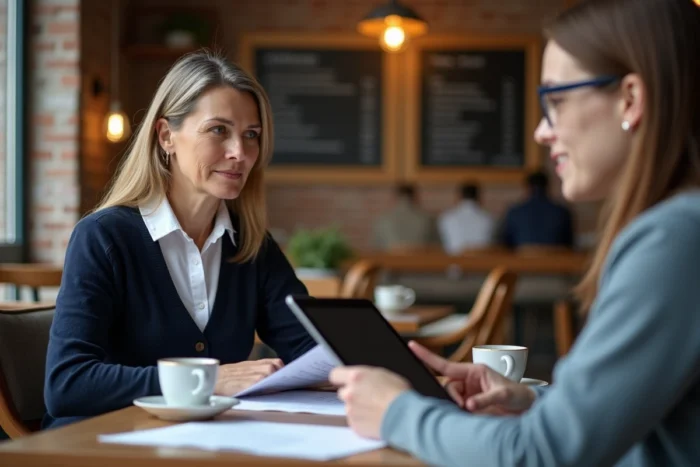 Tutrice et étudiant universitaire en session de travail dans un café, révisant des documents ensemble