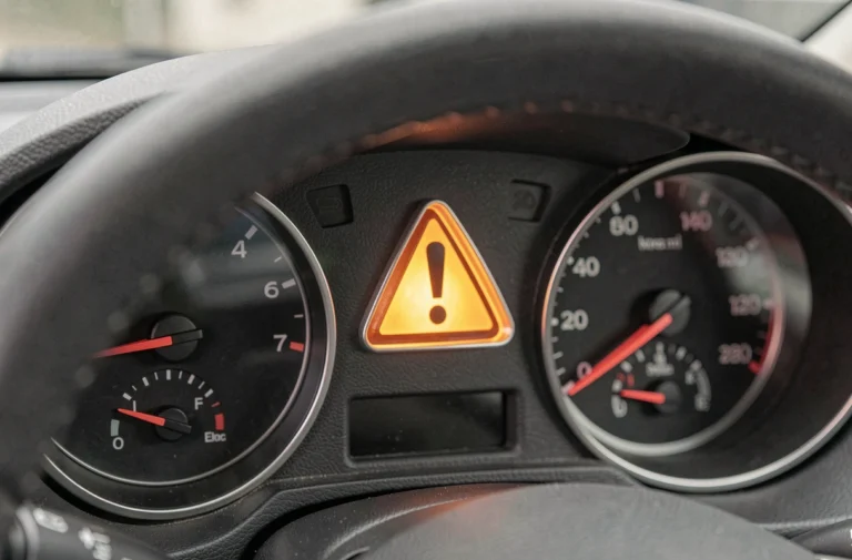 Gros plan sur le voyant triangle avec point d'exclamation allumé sur le tableau de bord d'une voiture moderne