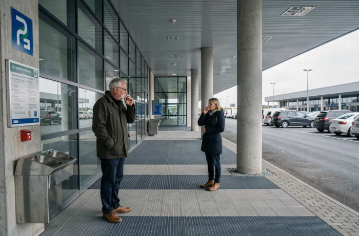 Vue d'ensemble d'une zone fumeur aménagée à l'extérieur de l'aéroport de Nantes avec voyageurs