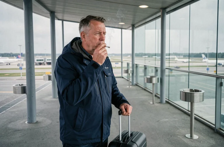 Voyageur adulte dans la zone fumeur extérieure de l'aéroport de Nantes, près des pistes d'atterrissage